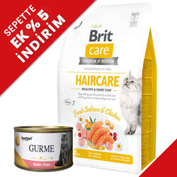 Brit Care - Brit Care Haircare Somon Tavuk Deri ve Tüy Sağlığı Tahılsız Kedi Maması 7 Kg + 4 Adet 85 Gr Yaş Mama