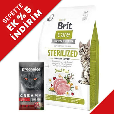 Brit Care Tahılsız Domuz Bağışıklık Destekleyici Kısırlaştırılmış Kedi Maması 2 Kg + Creamy 4x15 Gr Ödül