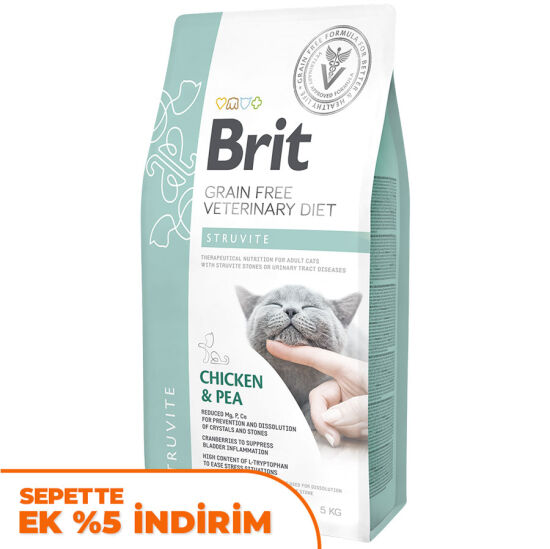 Brit Veterinary Diets Struvite Tahılsız Tavuk Bezelye Kedi Maması 5 Kg + Temizlik Mendili - 1