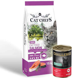 Cat Chefs - Cat Chefs Kısırlaştırılmış Somonlu Kedi Maması 15 Kg + 5 Adet Challenge 400 Gr Konserve