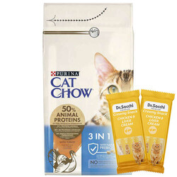 Cat Chow - Cat Chow 3in1 Hindi Etli Kedi Maması 15 Kg + 2 Adet Dr Sacchi 4 lü Creamy Ödül