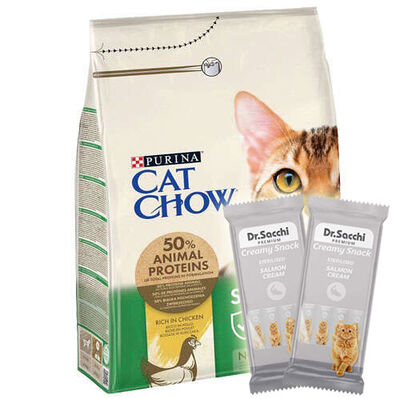 Cat Chow Tavuk Etli Kısırlaştırılmış Kedi Maması 3 Kg + 2 Adet Dr Sacchi 4 lü Creamy Ödül