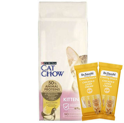 Cat Chow Tavuklu Yavru Kedi Maması 15 Kg + 2 Adet Dr Sacchi 4 lü Creamy Ödül