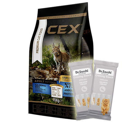 Cex Premium Somonlu Kısırlaştırılmış Kedi Maması 15 Kg + 2 Adet Dr Sacchi 4 lü Creamy Ödül