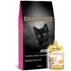 Challenge Kitten Sığır Etli Yavru Kedi Maması 15 Kg + Gimcat Kedi Pudingi 150 Gr - Challenge