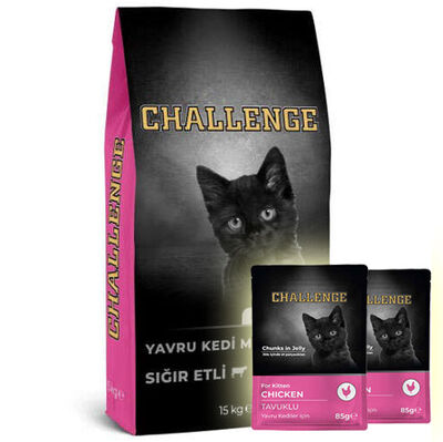 Challenge Kitten Sığır Etli Yavru Kedi Maması 15 Kg + 10 Adet Challenge Pouch 85 Gr Yaş Mama