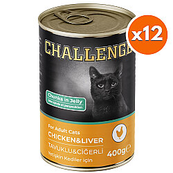 Challenge Tavuk ve Ciğerli Jöle Et Parçalı Kedi Konservesi 400 Gr x 12 Adet - Challenge
