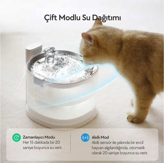 Cheerble E1+ Çelik Hazneli Şarjlı Otomatik Kedi Su Pınarı 2 Lt - 22 X 20 X 18 Cm - 6