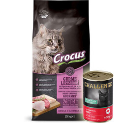 Crocus - Crocus Gurme Tavuk, Balık ve Kuzu Etli Kedi Maması 15 Kg + 5 Adet Challenge 400 Gr Konserve