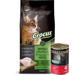 Crocus - Crocus Kitten Tavuk Etli ve Pirinçli Yavru Kedi Maması 15 Kg + 5 Adet Challenge 400 Gr Konserve
