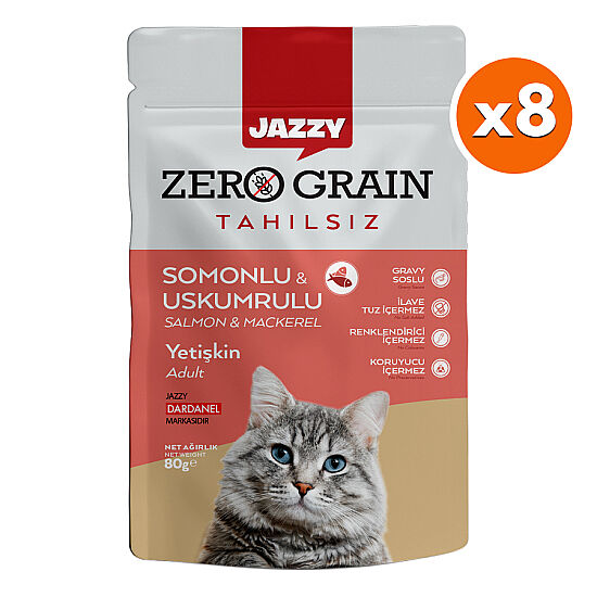 Dardanel Jazzy Pouch Zero Grain Somonlu ve Uskumrulu Tahılsız Kedi Yaş Maması 80 Gr x 8 Adet - 1