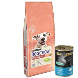 Dog Chow - Dog Chow Somonlu Hassas Yetişkin Köpek Maması 14 Kg + 5 Adet 400 Gr Challenge Somon Konserve