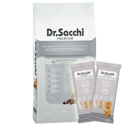Dr.Sacchi - Dr. Sacchi Somon ve Ton Kısırlaştırılmış Kedi Maması 10 Kg + 5 Adet Dr Sacchi 4 lü Creamy Ödül