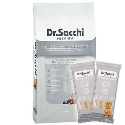 Dr. Sacchi Somon ve Ton Kısırlaştırılmış Kedi Maması 10 Kg + 5 Adet Dr Sacchi 4 lü Creamy Ödül