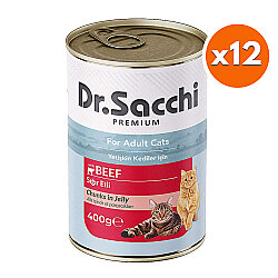 Dr. Sacchi Jöle Et Parçalı Biftek Etli Kedi Konservesi 400 Gr x 12 Adet - Dr.Sacchi