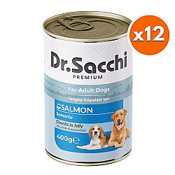 Dr. Sacchi Jöle Et Parçalı Somon Balıklı Köpek Konservesi 400 Gr x 12 Adet - Dr.Sacchi