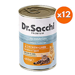 Dr. Sacchi Jöle Et Parçalı Tavuk Etli ve Ciğerli Kedi Konservesi 400 Gr x 12 Adet - Dr.Sacchi