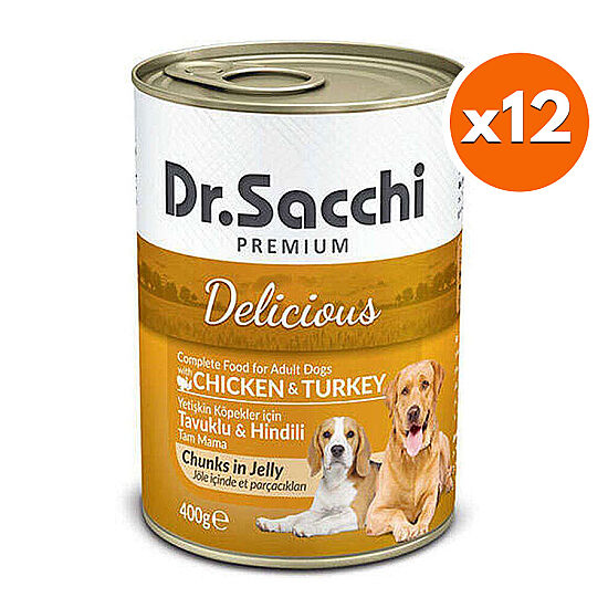 Dr. Sacchi Jöle Et Parçalı Tavuk ve Hindi Etli Köpek Konservesi 400 Gr x 12 Adet - 1