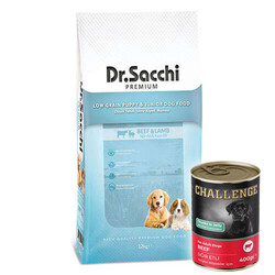Dr.Sacchi - Dr. Sacchi Puppy Sığır ve Kuzu Etli Yavru Köpek Maması 12 Kg + 5 Adet Challenge 400 Gr Konserve