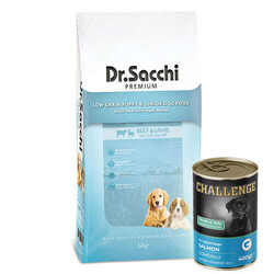 Dr.Sacchi - Dr. Sacchi Puppy Sığır ve Kuzu Etli Yavru Köpek Maması 12 Kg + 5 Adet 400 Gr Challenge Somon Konserve