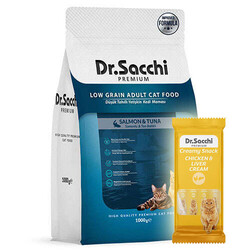Dr.Sacchi - Dr. Sacchi Sensitive Somon ve Ton Balıklı Kedi Maması 1 Kg + Dr Sacchi 4 lü Creamy Ödül