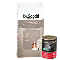 Dr.Sacchi - Dr. Sacchi Small Mini Sığır ve Kuzu Küçük Irk Köpek Maması 12 Kg + 5 Adet Challenge 400 Gr Konserve