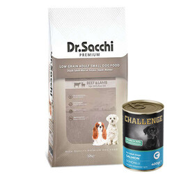 Dr.Sacchi - Dr. Sacchi Small Mini Sığır ve Kuzu Küçük Irk Köpek Maması 12 Kg + 5 Adet 400 Gr Challenge Somon Konserve