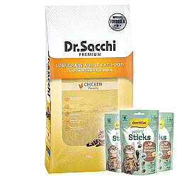 Dr. Sacchi Basic Tavuk Etli Kedi Maması 10 Kg + 3 Adet Gimcat Mini Sticks Ödül - Dr.Sacchi