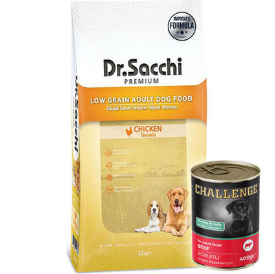 Dr. Sacchi Basic Tavuk Etli Köpek Maması 12 Kg + 5 Adet Challenge 400 Gr Konserve