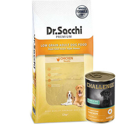 Dr.Sacchi - Dr. Sacchi Basic Tavuk Etli Köpek Maması 12 Kg + 5 Adet Challenge 400 Gr Konserve
