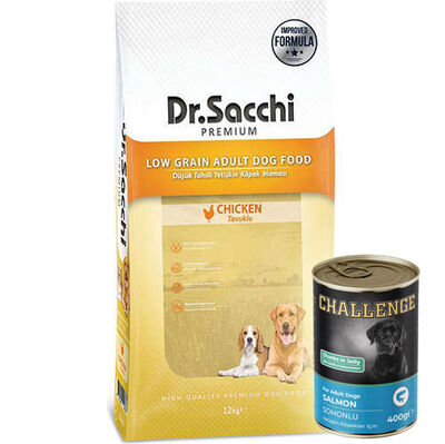 Dr. Sacchi Basic Tavuk Etli Köpek Maması 12 Kg + 5 Adet 400 Gr Challenge Somon Konserve
