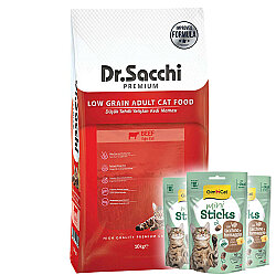 Dr. Sacchi Biftekli Kedi Maması 10 Kg + 3 Adet Gimcat Mini Sticks Ödül - Dr.Sacchi