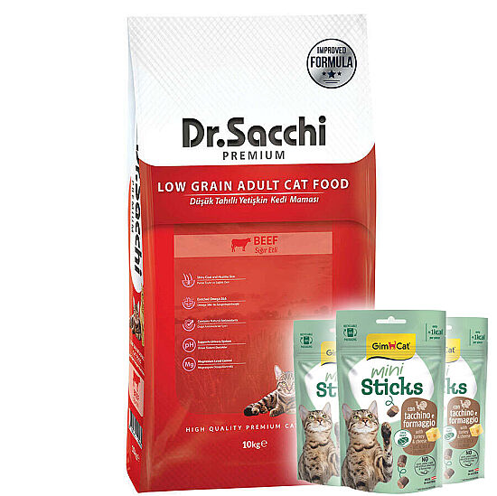Dr. Sacchi Biftekli Kedi Maması 10 Kg + 3 Adet Gimcat Mini Sticks Ödül - 1