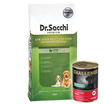 Dr. Sacchi Lamb Rice Kuzu Etli Köpek Maması 12 Kg + 5 Adet Challenge 400 Gr Konserve