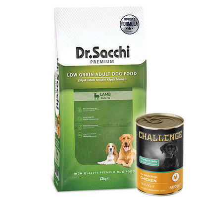 Dr. Sacchi Lamb Rice Kuzu Etli Köpek Maması 12 Kg + 5 Adet Challenge 400 Gr Konserve