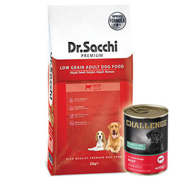 Dr.Sacchi - Dr. Sacchi Natural Beef Biftekli Köpek Maması 12 Kg + 5 Adet Challenge 400 Gr Konserve