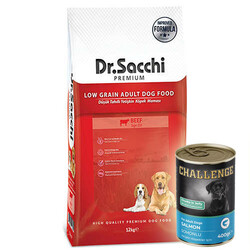 Dr.Sacchi - Dr. Sacchi Natural Beef Biftekli Köpek Maması 12 Kg + 5 Adet 400 Gr Challenge Somon Konserve