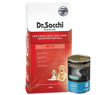 Dr. Sacchi Natural Beef Biftekli Köpek Maması 12 Kg + 5 Adet 400 Gr Challenge Somon Konserve