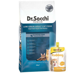 Dr. Sacchi Sensitive Somonlu Kedi Maması 10 Kg + Gimcat Kedi Pudingi 150 Gr - Dr.Sacchi