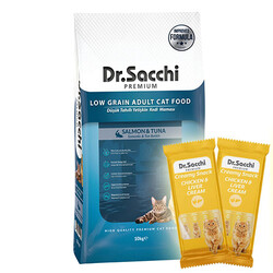 Dr.Sacchi - Dr. Sacchi Sensitive Somonlu Kedi Maması 10 Kg + 5 Adet Dr Sacchi 4 lü Creamy Ödül