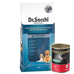 Dr.Sacchi - Dr. Sacchi Somon ve Ton Balıklı Köpek Maması 12 Kg + 5 Adet Challenge 400 Gr Konserve