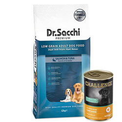 Dr.Sacchi - Dr. Sacchi Somon ve Ton Balıklı Köpek Maması 12 Kg + 5 Adet Challenge 400 Gr Konserve