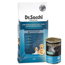 Dr.Sacchi - Dr. Sacchi Premium Somon ve Ton Balıklı Köpek Maması 12 Kg + 5 Adet 400 Gr Challenge Somon Konserve