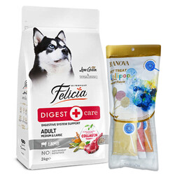 Felicia - Felicia Hypoallergenic Düşük Tahıllı Kuzulu ve Pirinçli Yetişkin Köpek Maması 3 Kg + 3'lü Ranova Lolipop