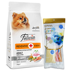 Felicia - Felicia Hypoallergenic Düşük Tahıllı Somonlu Küçük Irk Yetişkin Köpek Maması 3 Kg + 3'lü Ranova Lolipop