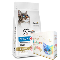 Felicia - Felicia Hypoallergenic Düşük Tahıllı Somonlu Kedi Maması 12 Kg + 15'li Ranova Lolipop