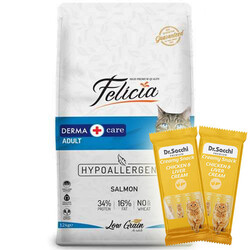 Felicia - Felicia Hypoallergenic Düşük Tahıllı Somonlu Kedi Maması 12 Kg + 5 Adet Dr Sacchi 4 lü Creamy Ödül