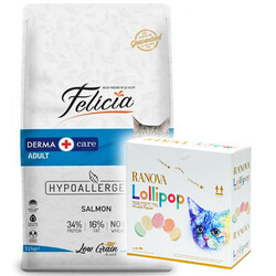 Felicia - Felicia Hypoallergenic Düşük Tahıllı Somonlu Kedi Maması 12 Kg + 15'li Ranova Lolipop