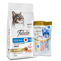 Felicia - Felicia Hypoallergenic Düşük Tahıllı Somonlu Yetişkin Kedi Maması 2 Kg + 5'li Ranova Lolipop