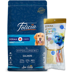 Felicia - Felicia Hypoallergenic Düşük Tahıllı Somonlu Yetişkin Köpek Maması 3 Kg + 3'lü Ranova Lolipop